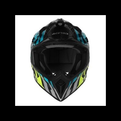 Capacete de motocross preto com detalhes azuis, amarelos e cinza