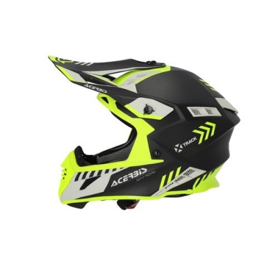 Capacete integral preto e amarelo fluorescente para motocross com inscrições ACERBIS e X-TRACK