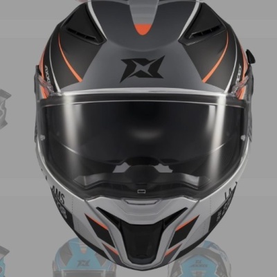 capacete integral preto com detalhes laranja e cinzento