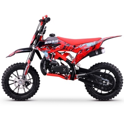 Motocross infantil vermelho e preto ROAN Racing com grafismos em azul e branco