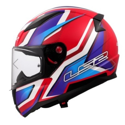 Capacete integral LS2 vermelho, azul e branco com visor transparente