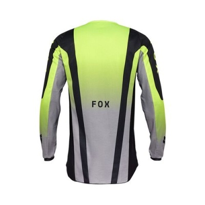 Camisola de motocross amarela fluorescente e cinzenta com detalhes pretos e texto FOX nas costas
