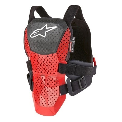 Proteção para costas vermelha e preta com alças ajustáveis e logo branco Alpinestars