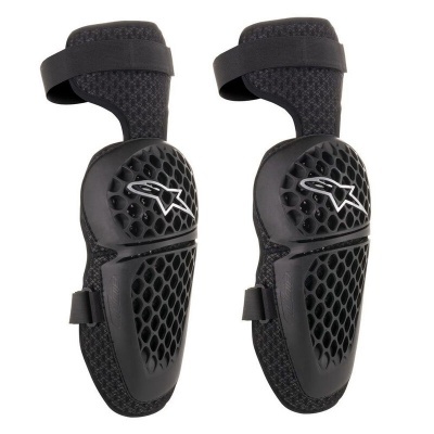 Proteções para joelhos em plástico preto com tiras de velcro e textura tipo colmeia