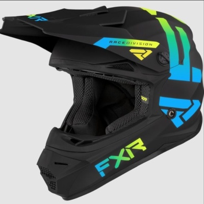 Capacete preto com detalhes azuis e verdes fluorescentes com interior acolchoado