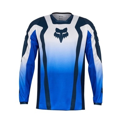 Camisola desportiva azul, branca e preta com logo de raposa