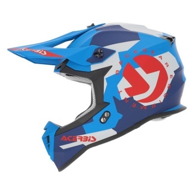 Capacete motocross azul, branco, vermelho e preto com visor e logotipo ACERBIS
