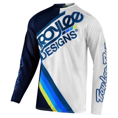 Camisola sport manga comprida azul e branca com texto Troy Lee Designs