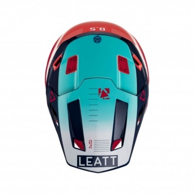 Capacete colorido com inscrições LEATT em azul-turquesa, vermelho e preto