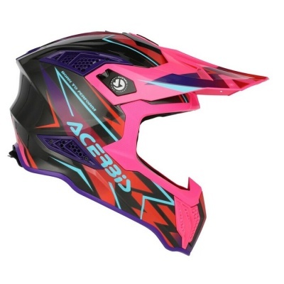 Capacete de motocross colorido preto, rosa, vermelho, roxo e azul com texto ACERBIS