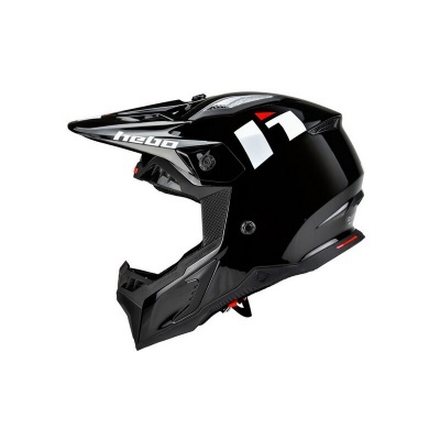 Capacete de motocross preto brilhante com detalhes brancos e vermelho