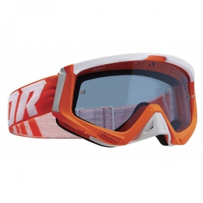 Óculos de proteção desportivos com armação laranja e banda elástica vermelha com texto branco