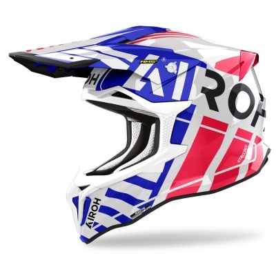 Capacete de motocross azul, branco e vermelho da Airoh com design geométrico