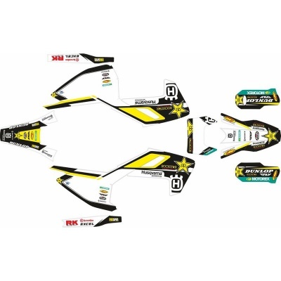 Autocolantes para mota de motocross branco, preto e amarelo com logótipos Husqvarna e Rockstar
