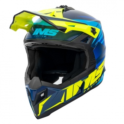 Capacete integral azul, preto e amarelo fluorescente com texto IMS RACING.