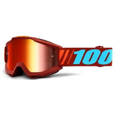 Óculos de proteção desportivos vermelhos com lente espelhada e faixa elástica azul e vermelha com texto