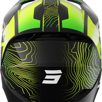 Capacete de motocicleta verde e preto com padrão gráfico amarelo