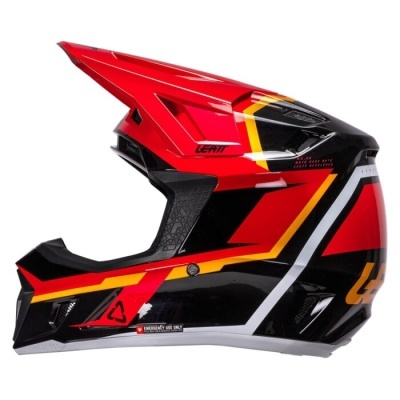 Capacete de motocross vermelho, preto, amarelo e branco com marca LEATT