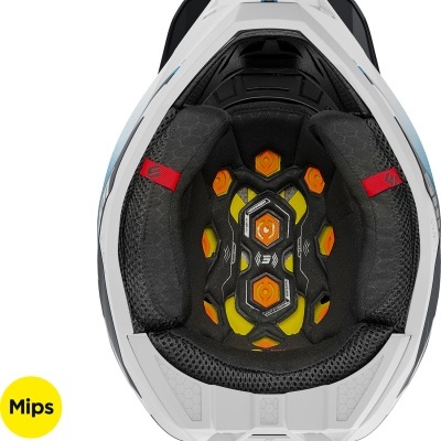 Interior de capacete branco com acolchoamento preto e detalhes amarelos e laranja