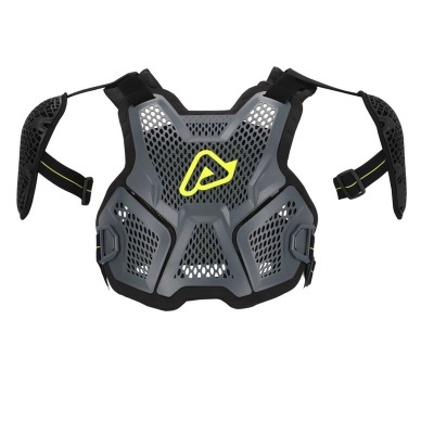 Colete de proteção cinza com preto e detalhes amarelos, malha ventilada e proteção nas omoplatas