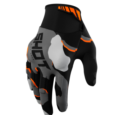 Luva desportiva preta, cinza, branca e laranja com texto Shot Race Gear