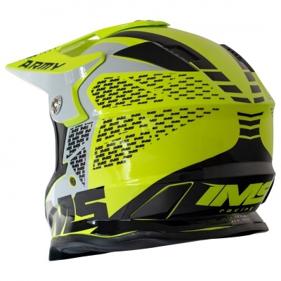 Capacete integral para motocross amarelo neon, preto e branco com texto e padrões gráficos