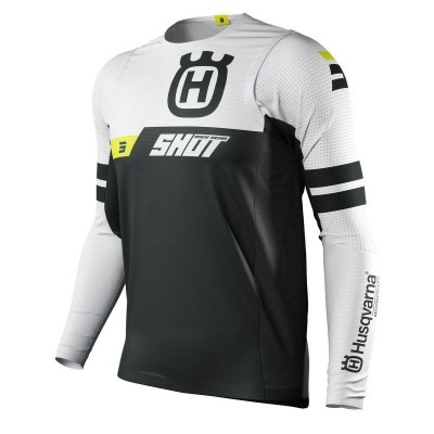 Camisola desportiva branca e preta com logos e texto 'SHOT RACE GEAR' e 'Husqvarna'