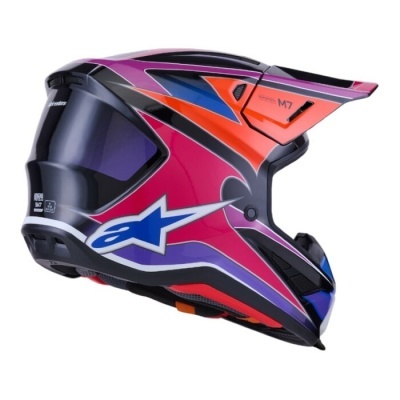 Capacete integral motocross rosa, laranja e azul com visor fumado