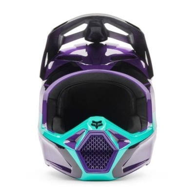 Capacete todo-o-terreno roxo, turquesa e preto com padrão em treliça e interior acolchoado