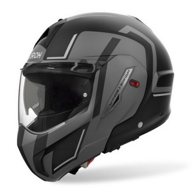 Capacete integral para moto preto e cinza com viseira transparente e texto AIROH