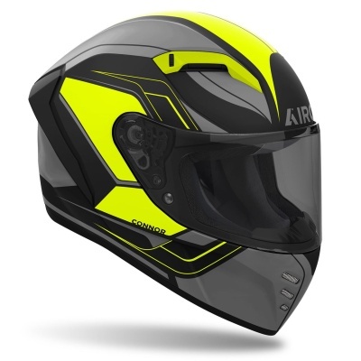 Capacete integral cinza, preto e amarelo fluorescente com viseira escurecida