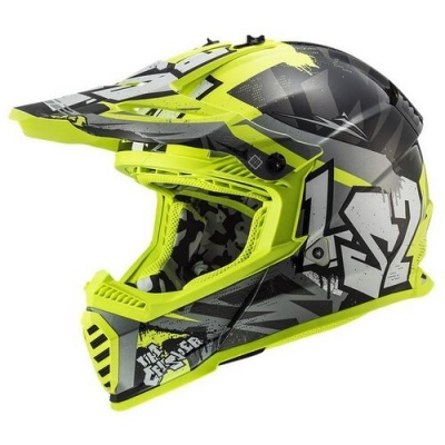Capacete de motocross com padrões em amarelo fluorescente, cinza e preto.