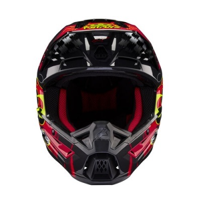 Capacete de motocross preto, vermelho e amarelo com interior almofadado