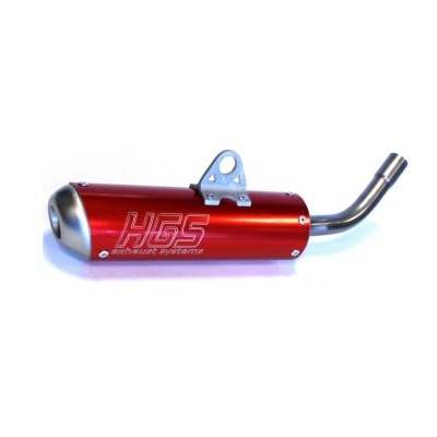 Escape de mota vermelho com texto HGS EXHAUST SYSTEM e tubo curvo prateado
