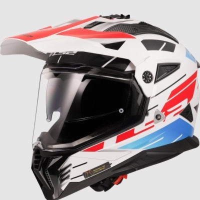Capacete integral para moto branco com detalhes vermelhos e azuis e viseira escura