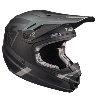 Capacete integral motocross cinza e preto com viseira e almofadado interno cinza claro