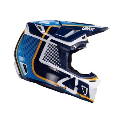 Capacete integral azul, branco e amarelo com texto LEATT