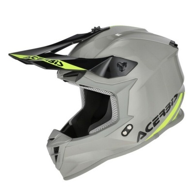 capacete de motocross cinzento com detalhes amarelos e preto