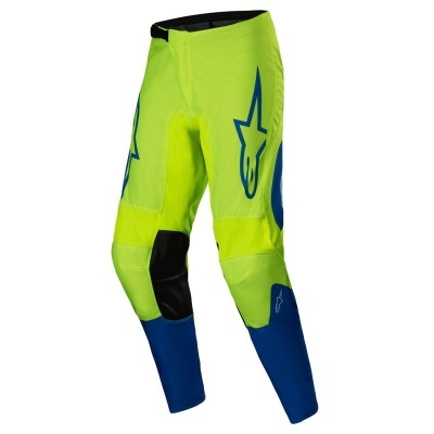 Calças de motocross verde néon, azul e preto com logos Alpinestars