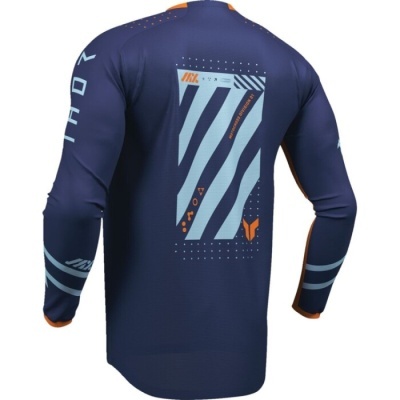 Camisola desportiva azul escura de manga comprida com design gráfico e detalhes em laranja