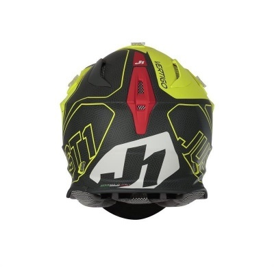 Capacete de motocross preto, amarelo e vermelho com texto Vertigo e ST1