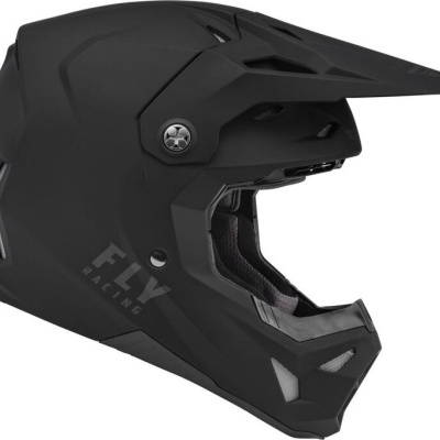 Capacete integral preto mate para motocross com viseira larga e inscrição FLY RACING