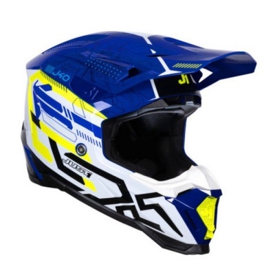 Capacete de motocross azul, branco, amarelo e preto com viseira ajustável e acolchoamento interior preto.