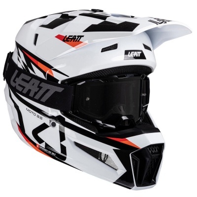 Capacete de motocross branco com detalhes pretos e vermelhos e cinta preta LEATT