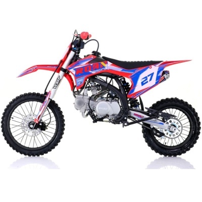Moto de cross vermelha, azul e branca com o número 27