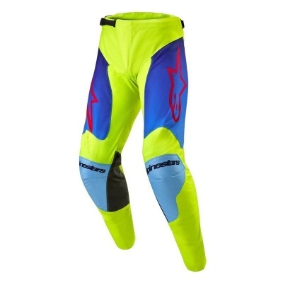 Calças de motociclismo amarelo fluorescente, azul e preto com logótipos alpinestars