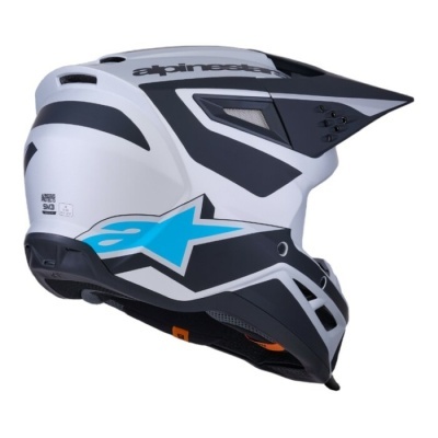 Capacete integral de motocross branco, preto e azul