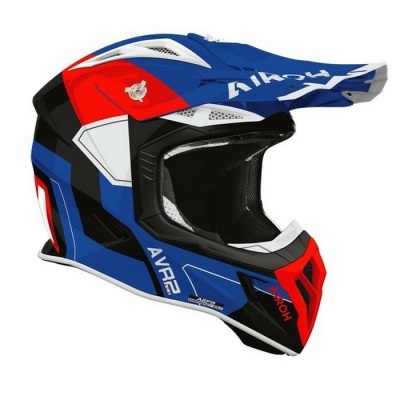 Capacete motociclista azul, vermelho, preto e branco