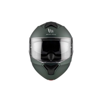 Capacete integral verde-escuro com viseira transparente e marca MICHELIN no topo