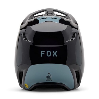 Capacete preto com texto FOX azul e selo DOT